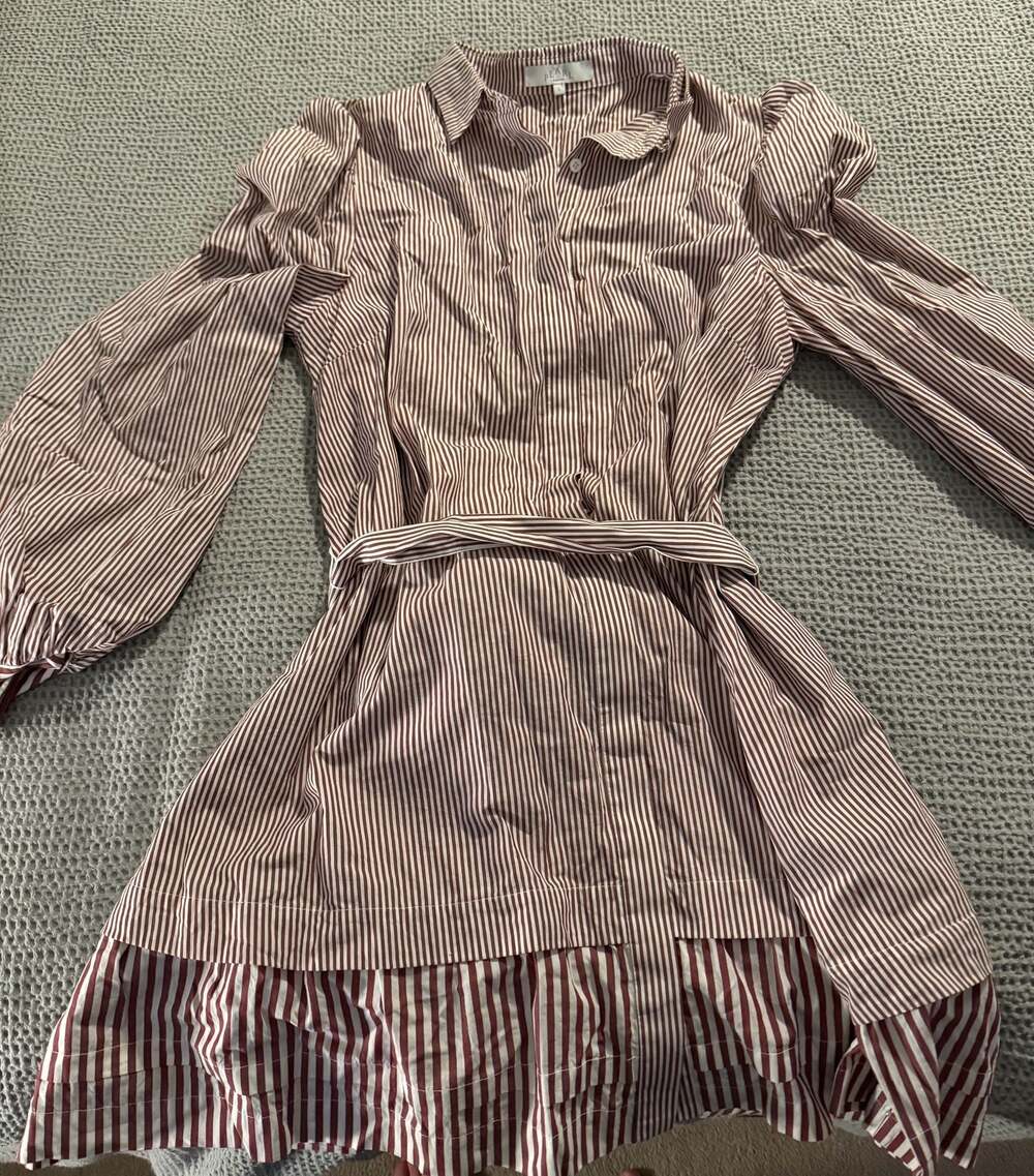 Pearl by Lela Rose Brown and White Striped Long Sleeve Mini Shirtdress Size L